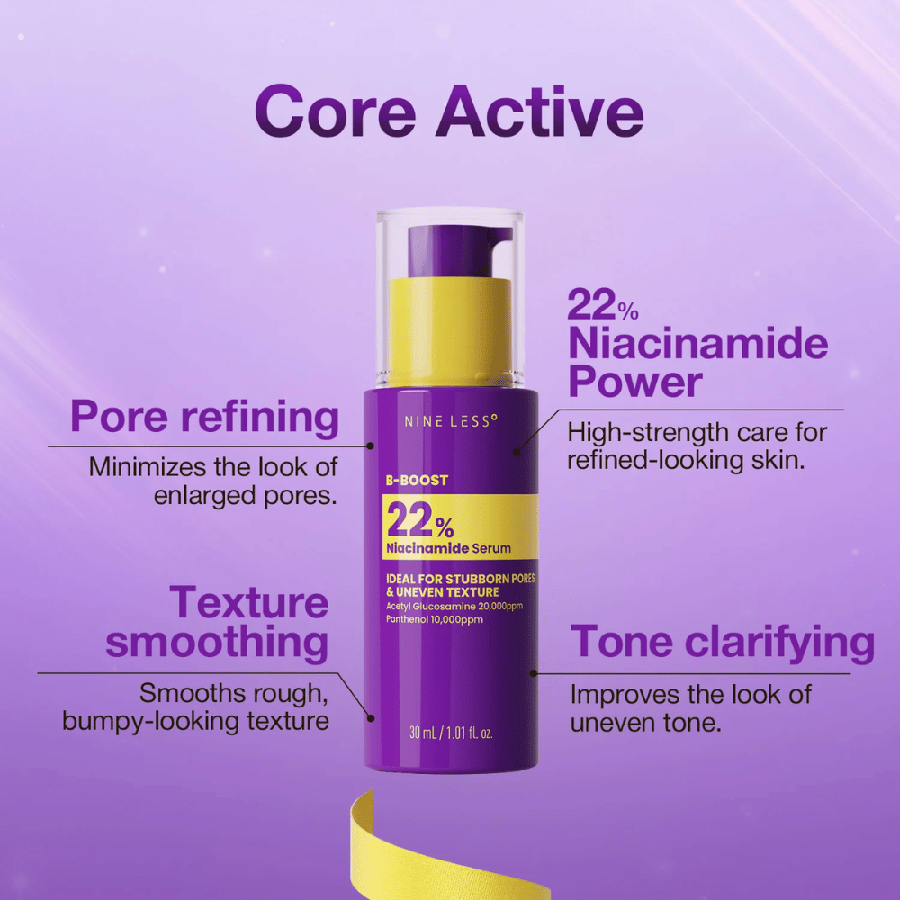 4. NINE LESS B-Boost 22% Niacinamide Serum – sérum concentré avec 22 % de niacinamide pour les pores et le teint irrégulier