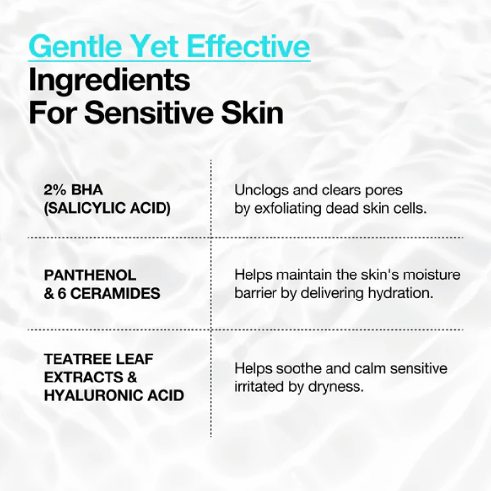 Anua BHA 2% Gentle Exfoliating Toner – ingrédients pour peau sensible avec 2% BHA, panthénol, céramides et acide hyaluronique
