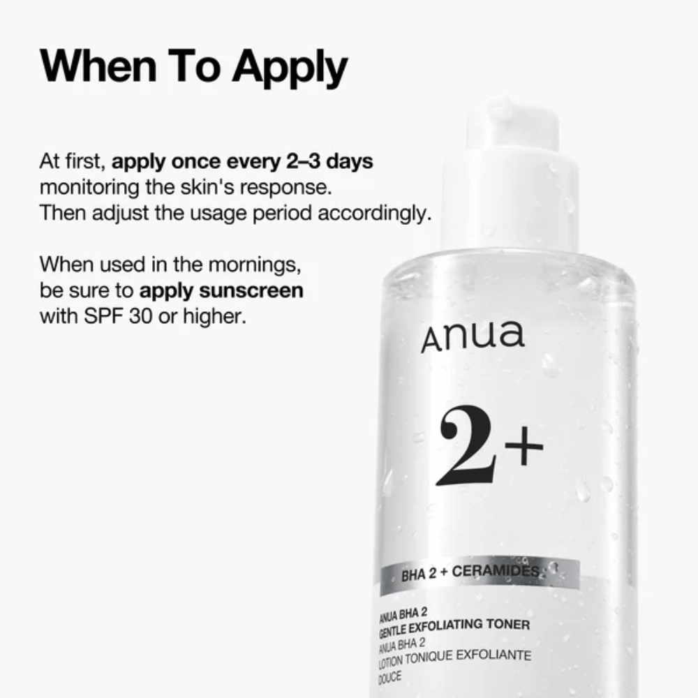 Anua BHA 2% Gentle Exfoliating Toner avec céramides – instructions d'utilisation, exfoliant toner visage pour peau sensible avec BHA (acide salicylique)