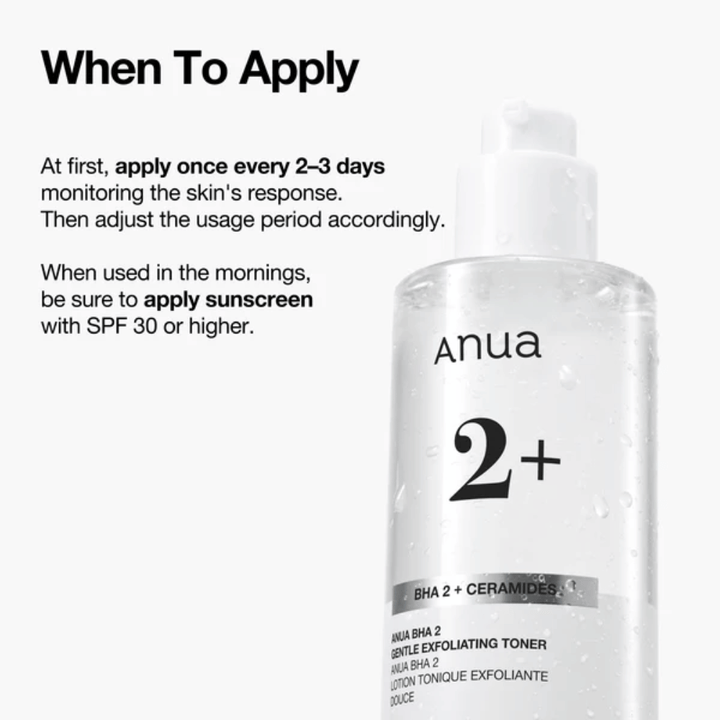 Anua BHA 2% Gentle Exfoliating Toner avec céramides – instructions d'utilisation, exfoliant toner visage pour peau sensible avec BHA (acide salicylique)