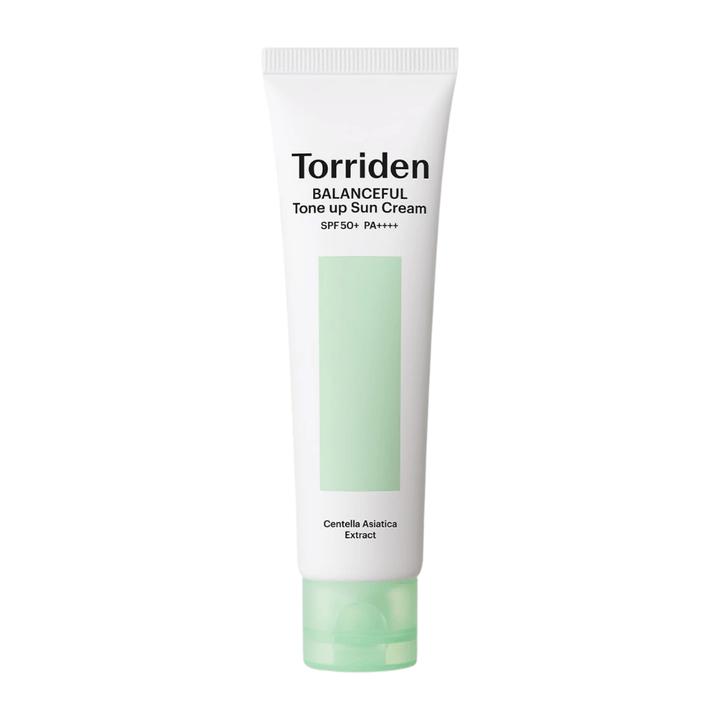 Torriden Image produit de la Balanceful Tone Up Sun Cream SPF50+ PA++++ sur fond blanc avec Centella Asiatica pour un soin apaisant et une protection UV quotidienne.