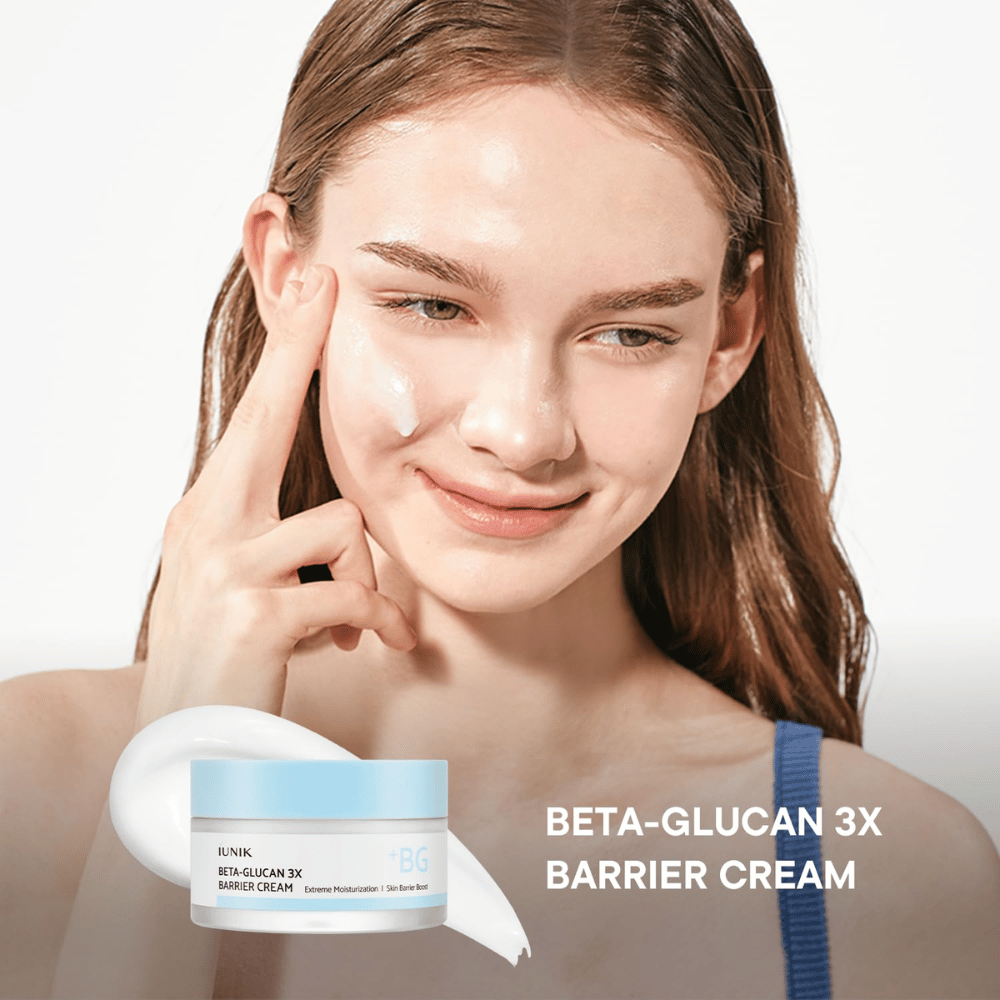 iUNIK Beta-Glucan 3X Barrier Cream s’applique sur la peau pour une hydratation en profondeur et une barrière cutanée renforcée