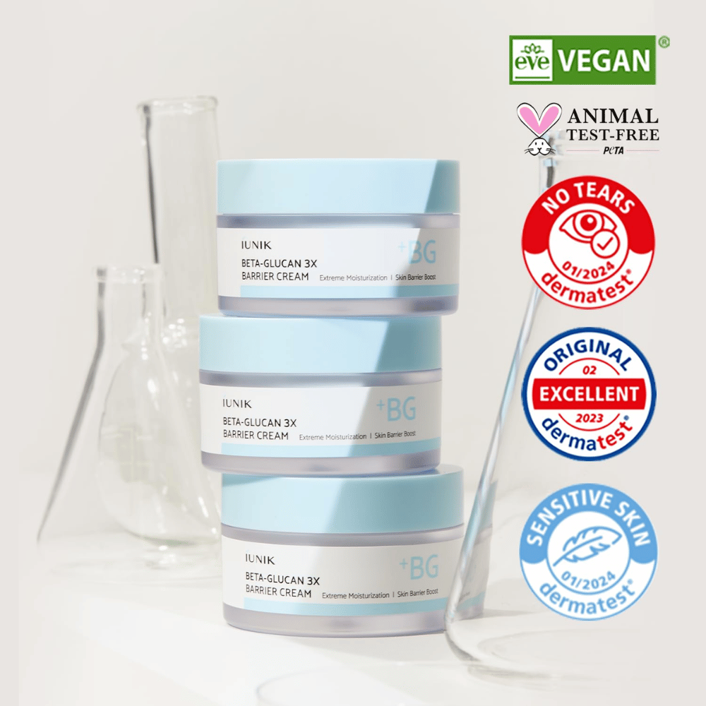 iUNIK Beta-Glucan 3X Barrier Cream avec une formule vegan et une crème barrière dermatologiquement testée pour les peaux sensibles