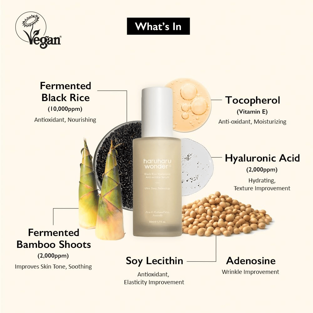 Haruharu Wonder Black Rice Hyaluronic Anti-Wrinkle Serum avec du riz noir fermenté, de l’acide hyaluronique et de la vitamine E
