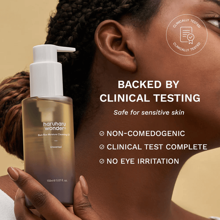 Haruharu Wonder Black Rice Moisture Cleansing Oil 150 ml – huile nettoyante cliniquement testée pour peau sensible, non comédogène et sans irritation oculaire.