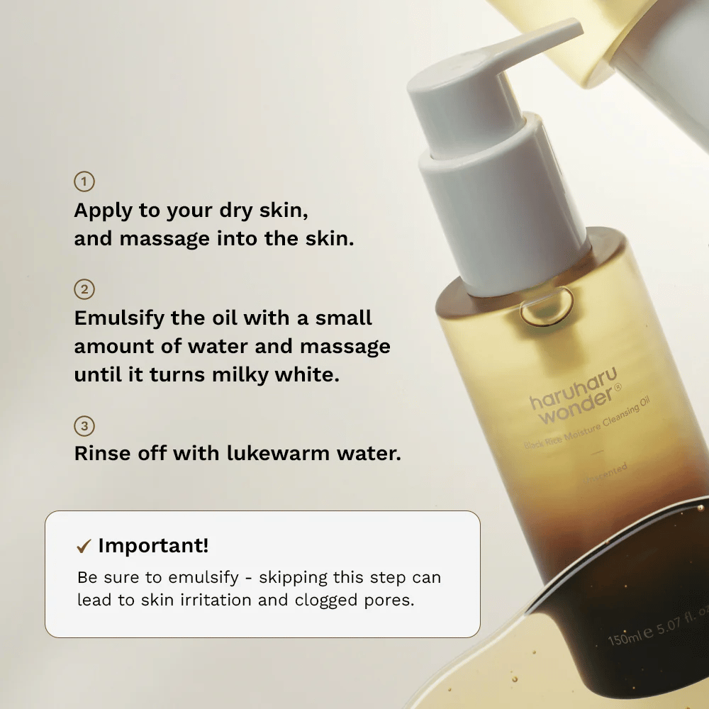 Haruharu Wonder Black Rice Moisture Cleansing Oil guide d'application – huile nettoyante qui se masse sur peau sèche, s'émulsionne avec de l'eau et se rince pour un démaquillage efficace.