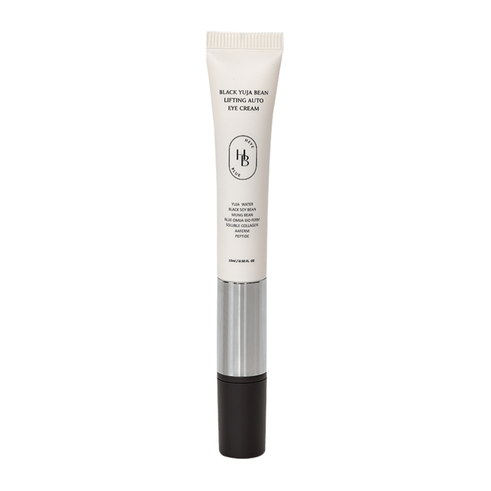 Image du produit HEVE BLUE Black Yuja Bean Lifting Auto Eye Cream – un tube avec un dessus blanc, un milieu argenté et un applicateur noir. Le texte sur l'emballage énumère des ingrédients comme l'eau de yuja et le haricot de soja noir.