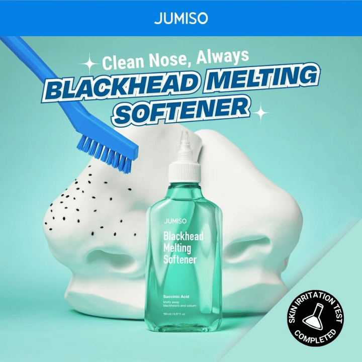JUMISO Blackhead Melting Softener med borste mot vit modell av näsa. Text: ”Clean Nose, Always”. Kliniskt testad för hudirritation.