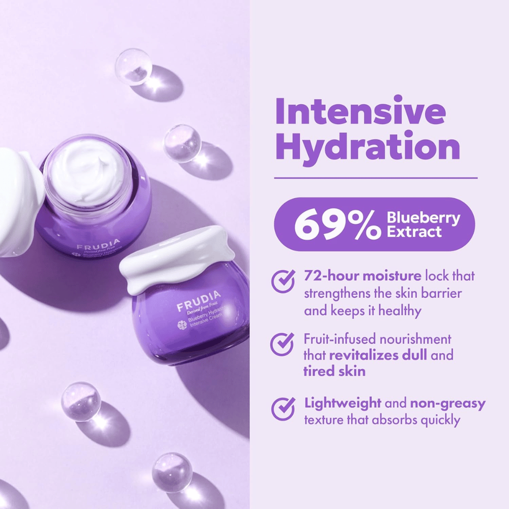FRUDIA Blueberry Hydrating Intensive Cream avec hydratation intense, 69 % d'extrait de myrtille et consistance crémeuse pour les peaux sèches et déshydratées