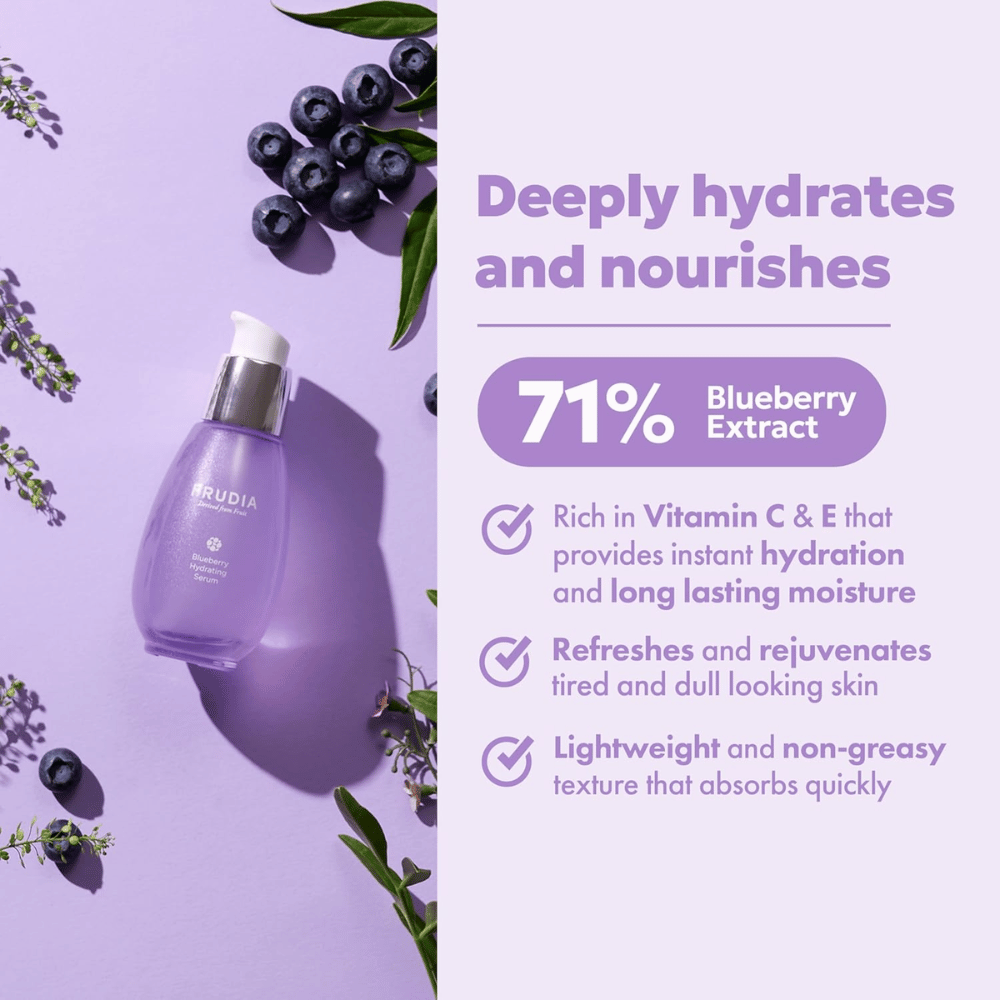 FRUDIA Blueberry Hydrating Serum avec 71 % d'extrait de myrtille qui offre une hydratation intense, une humidité durable, une texture légère et un éclat frais pour la peau sèche.