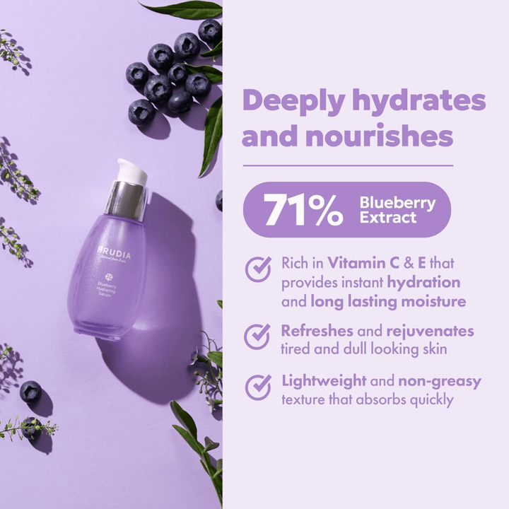 FRUDIA Blueberry Hydrating Serum avec 71 % d'extrait de myrtille qui offre une hydratation intense, une humidité durable, une texture légère et un éclat frais pour la peau sèche.
