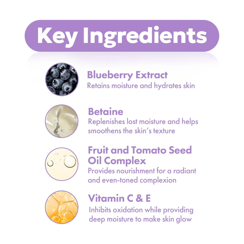 Ingrédients clés dans FRUDIA Blueberry Hydrating Serum avec extrait de myrtille, bétaïne, complexe d'huiles de graines ainsi que vitamines C et E pour une peau hydratée et éclatante.