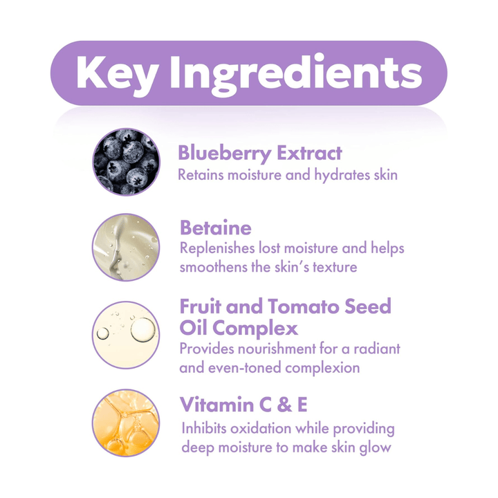 Ingrédients clés dans FRUDIA Blueberry Hydrating Serum avec extrait de myrtille, bétaïne, complexe d'huiles de graines ainsi que vitamines C et E pour une peau hydratée et éclatante.