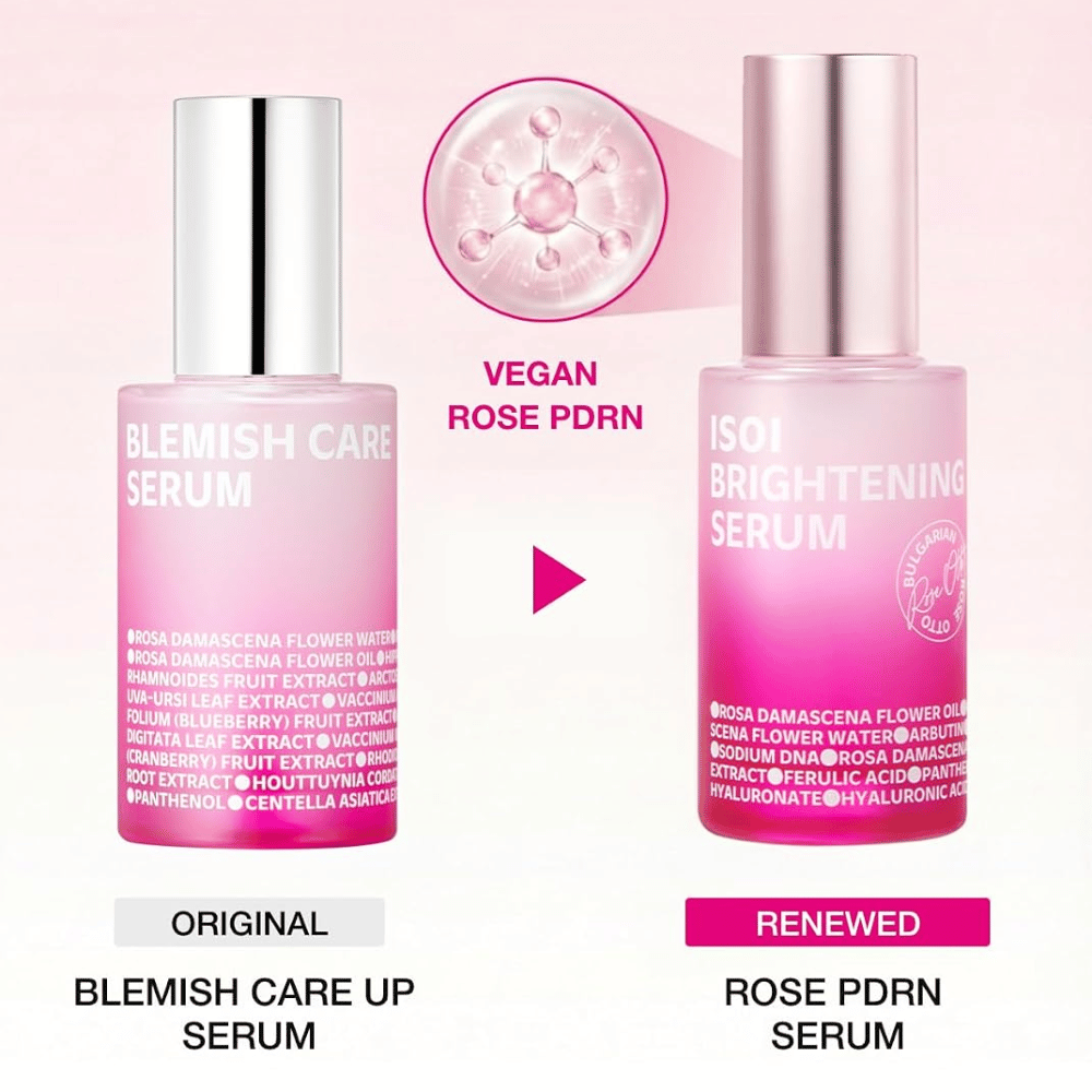 ISOI Brightening Serum avec Rose PDRN végan. Comparaison entre l’original Blemish Care Up Serum et le flacon de sérum rose mis à jour.