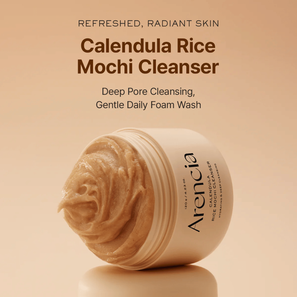 Arencia Calendula Rice Mochi Cleanser 120 g – nettoyant coréen hydratant avec du riz et du calendula qui laisse la peau douce, claire et équilibrée.