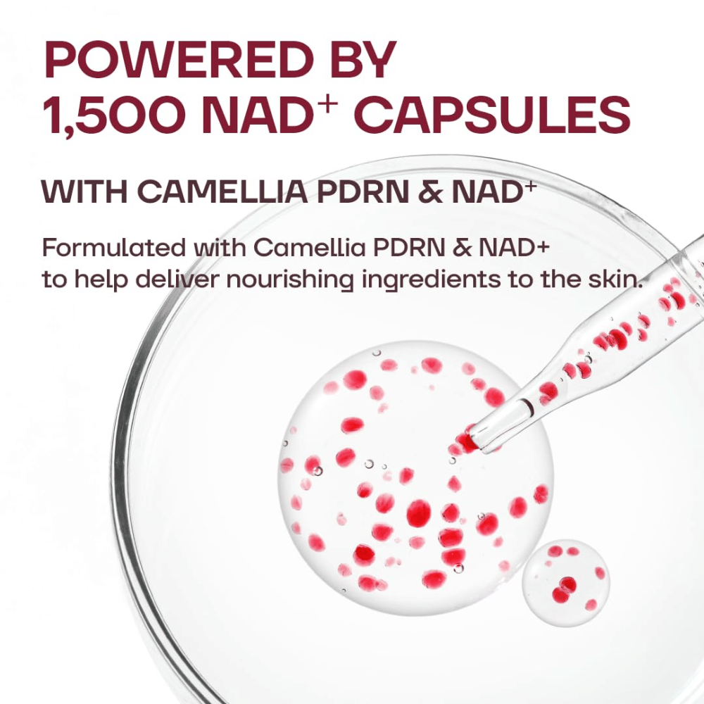 3. MISSHA Camellia PDRN NAD+ Firming Repair Serum – gros plan sur la texture transparente du sérum avec 1500 capsules rouges de NAD+