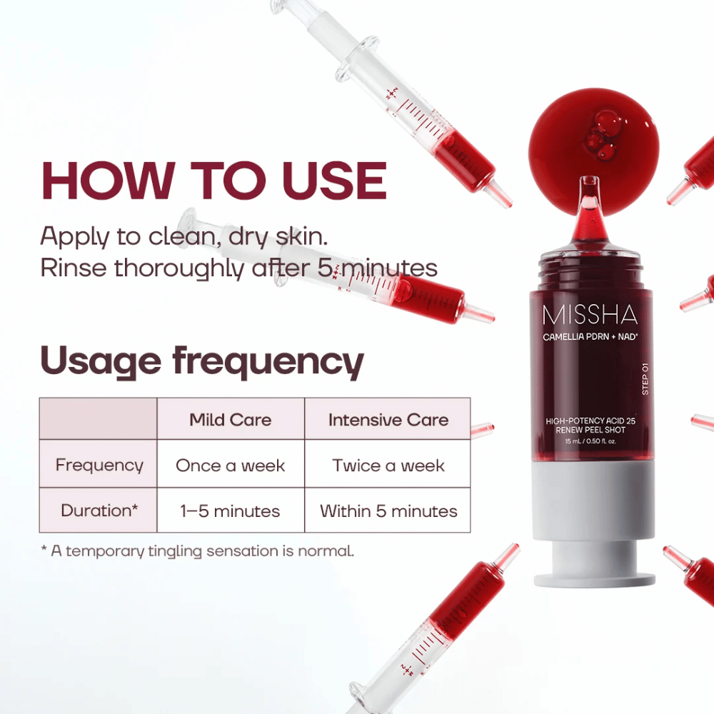 1. MISSHA Camellia PDRN NAD+ High-Potency Acid 25 Renew Peel Shot – mode d’emploi et fréquence d’exfoliation recommandée