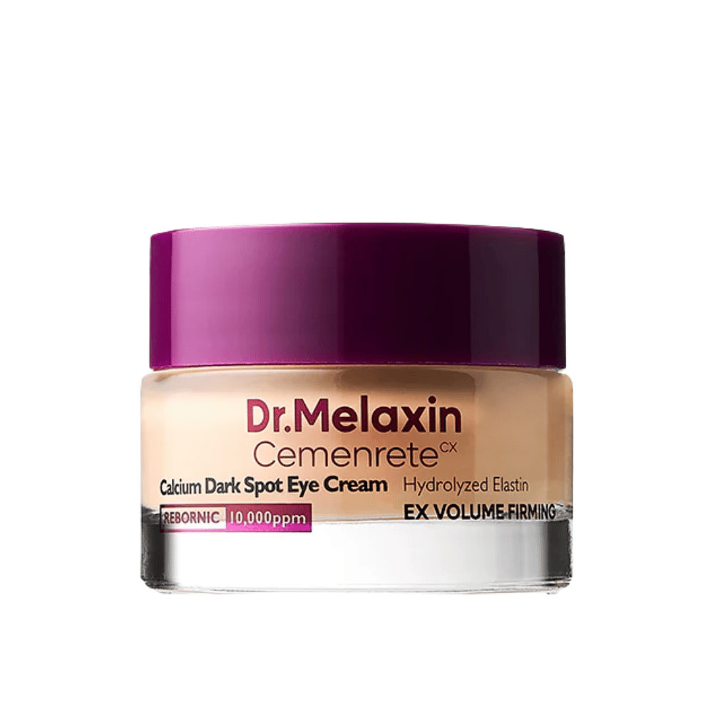Dr.Melaxin Cemenrete Calcium Dark Spot Eye Cream en vue complète sur fond blanc, crème contour des yeux coréen qui combat la pigmentation, la peau fatiguée et les signes de l'âge.