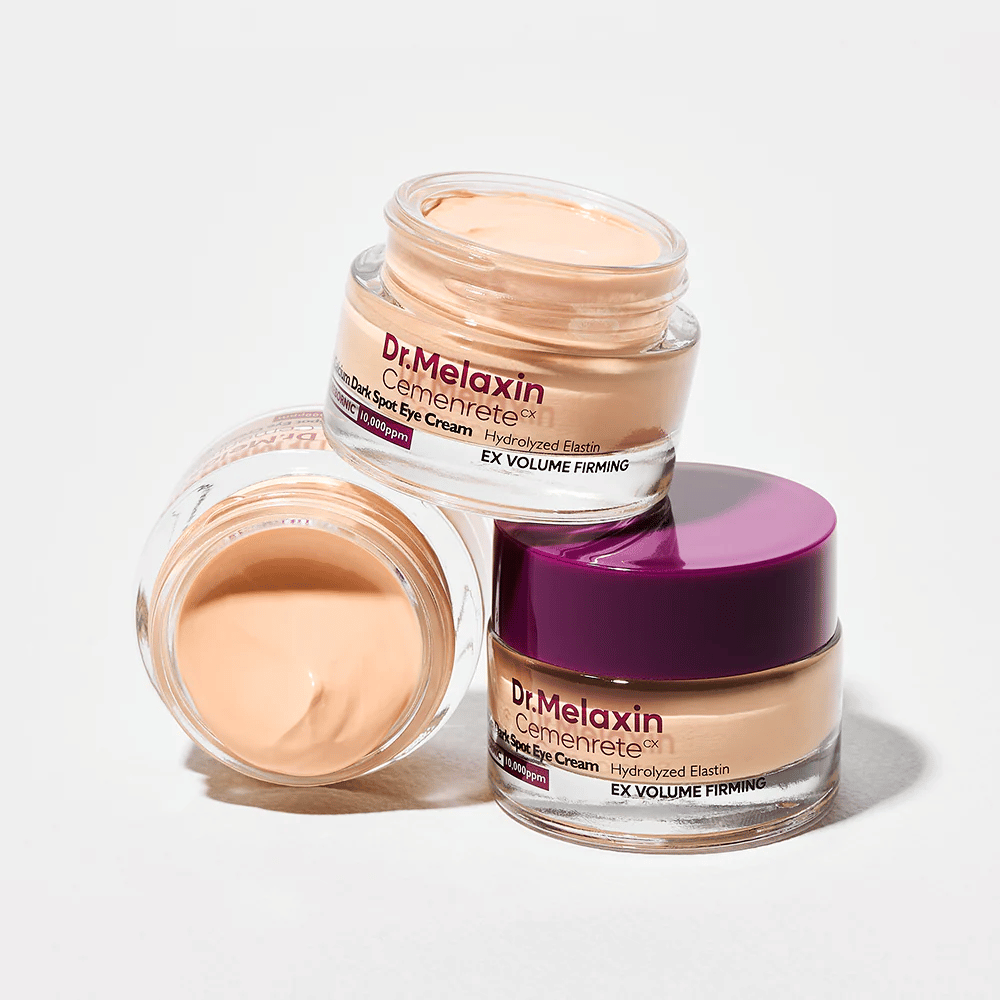 Dr.Melaxin Cemenrete Eye Cream sous plusieurs angles, crème contour des yeux coréen contre les taches sombres et les ridules avec effet volumisant et raffermissant.