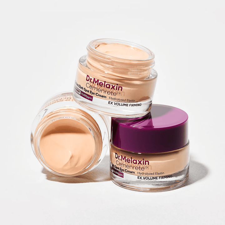 Dr.Melaxin Cemenrete Eye Cream sous plusieurs angles, crème contour des yeux coréen contre les taches sombres et les ridules avec effet volumisant et raffermissant.