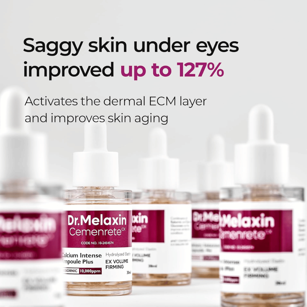Dr. Melaxin Cemenrete Calcium Intense Ampoule Plus est montrée avec un accent sur l'amélioration de la peau relâchée sous les yeux, qui active la couche ECM de la peau et soutient l'anti-âge.