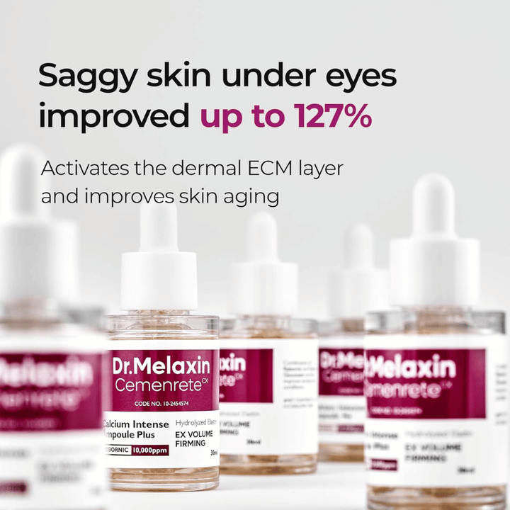 Dr. Melaxin Cemenrete Calcium Intense Ampoule Plus est montrée avec un accent sur l'amélioration de la peau relâchée sous les yeux, qui active la couche ECM de la peau et soutient l'anti-âge.