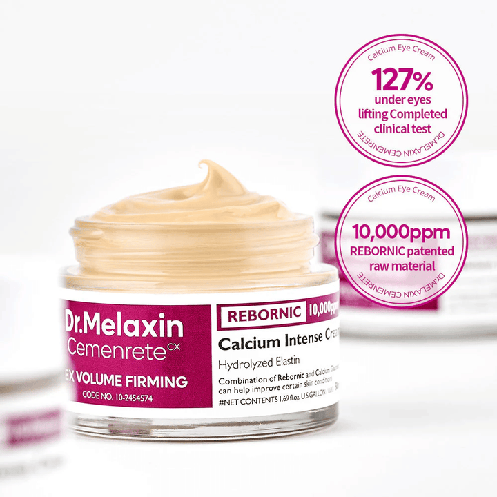 Dr.Melaxin Cemenrete Calcium Intense Cream avec des marqueurs cliniques, montre 10 000 ppm Rebornic et des résultats de tests pour un effet raffermissant et volumisant.