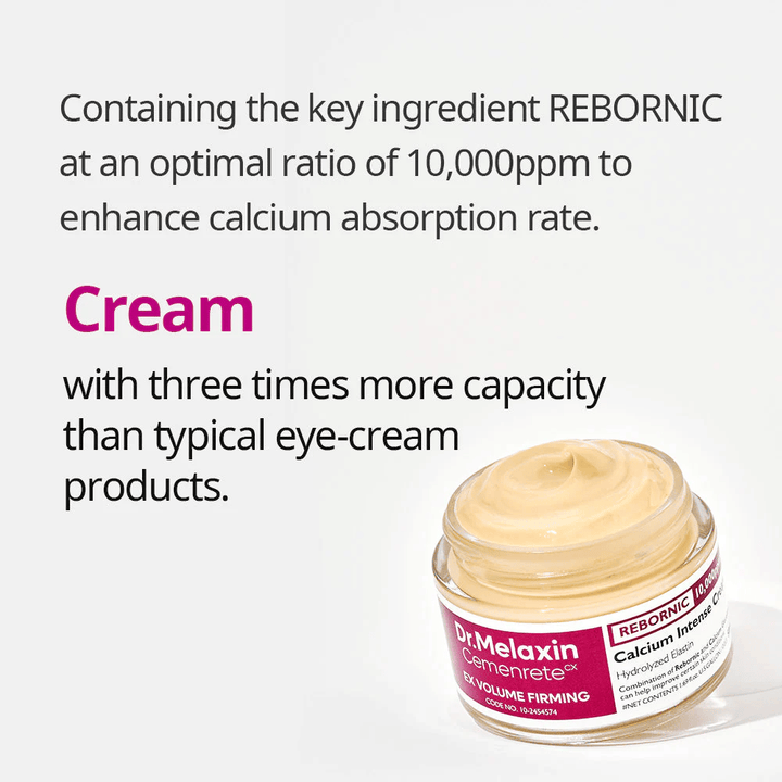 Dr.Melaxin Cemenrete Calcium Intense Cream avec une infographie sur Rebornic 10 000 ppm, crème visage qui améliore l'absorption du calcium et l'élasticité de la peau.