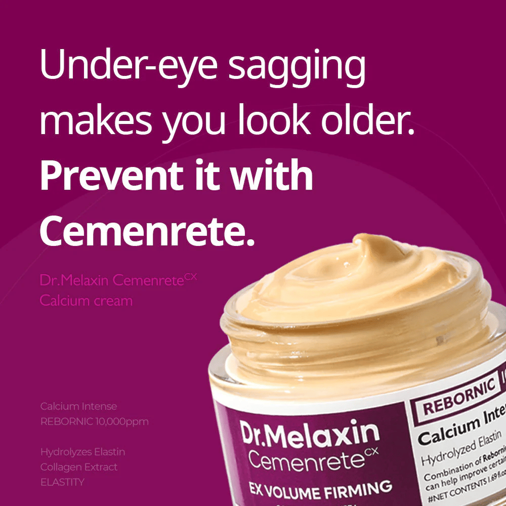 Dr.Melaxin Cemenrete Calcium Intense Cream avec un message textuel sur le raffermissement sous les yeux, illustre l'accent de la crème sur la fermeté, le volume et la prévention du relâchement cutané.