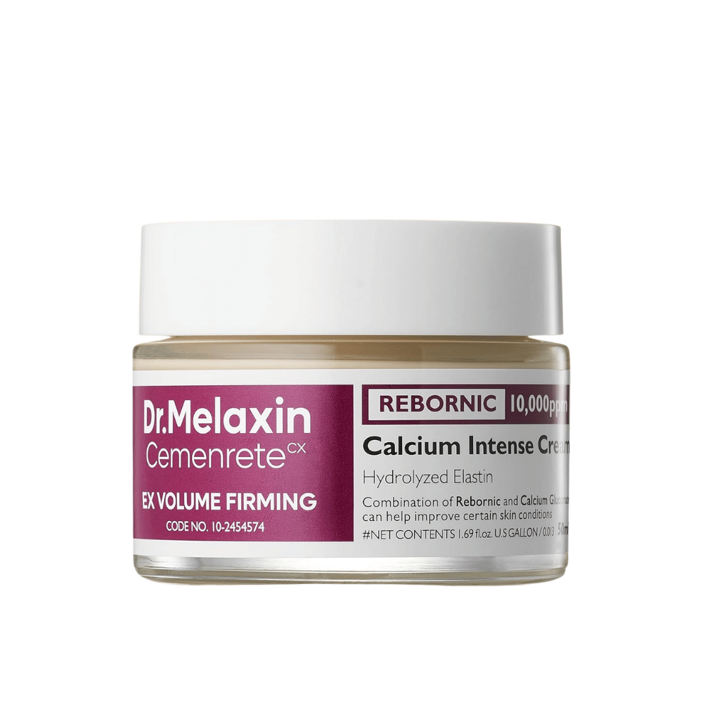 Dr.Melaxin Cemenrete Calcium Intense Cream en pot sur fond blanc, crème visage avec calcium, Rebornic et élastine hydrolysée pour une peau plus ferme et plus pleine.