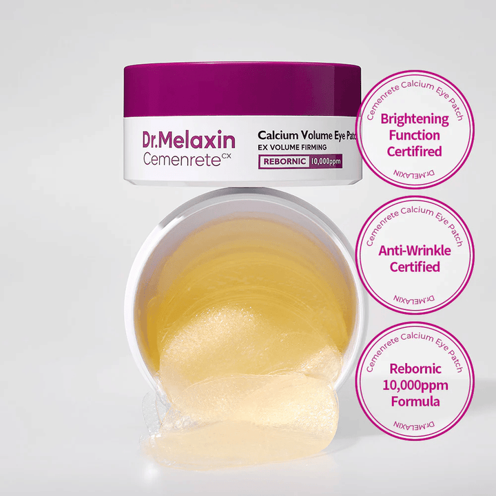 Pot ouvert avec des patchs pour les yeux en hydrogel de Dr. Melaxin Cemenrete Calcium Volume Eye Patch avec Rebornic 10 000 ppm, certifié pour un effet anti-rides et éclaircissant.