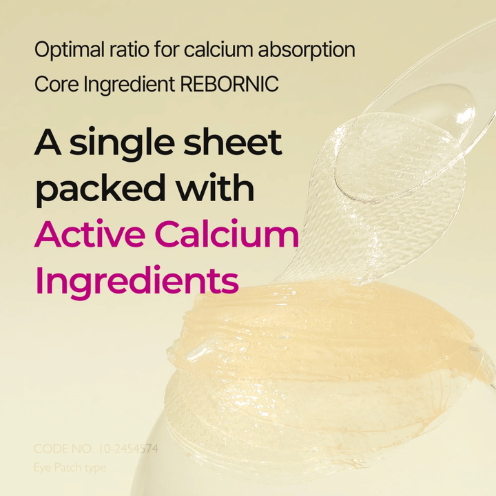 Gros plan d'un hydrogel imprégné de calcium actif dans Dr. Melaxin Cemenrete Calcium Volume Eye Patch, développé pour une absorption optimale et un effet volumisant.