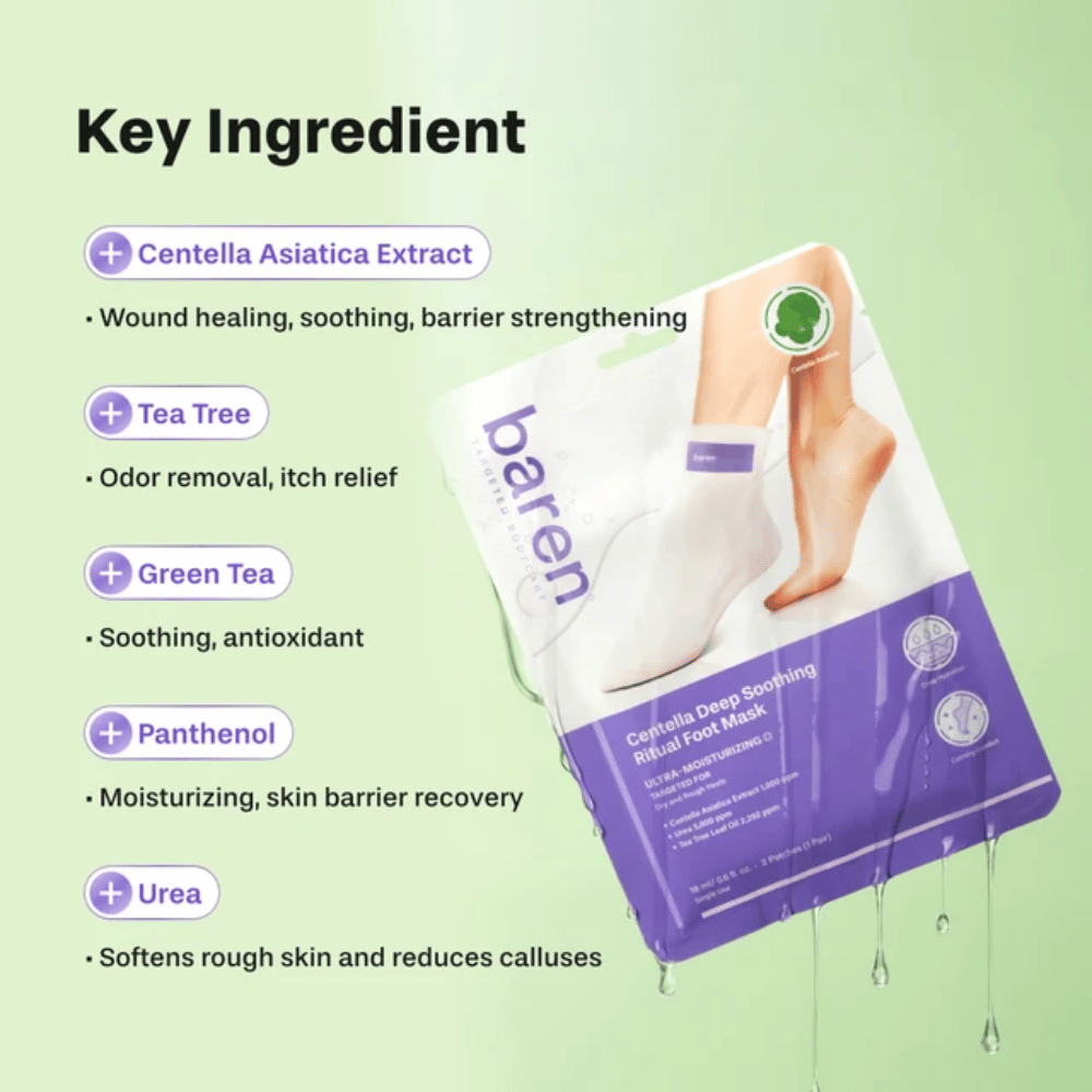 3. Baren Centella Deep Soothing Ritual Foot Mask – ingrédients clés comme la centella asiatica, tea tree, le thé vert, le panthénol et l’urée