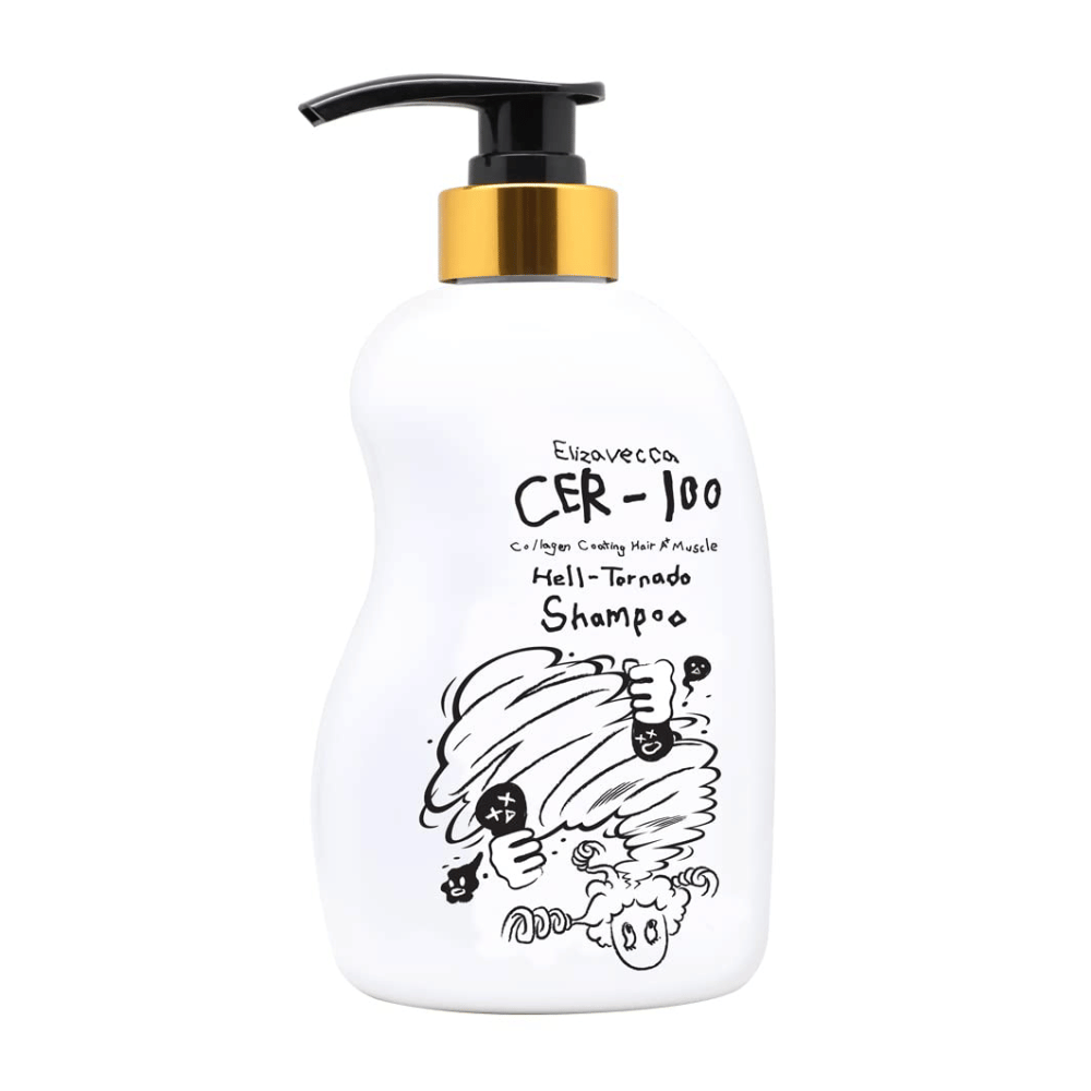 Image produit de Elizavecca CER-100 Collagen Coating Hair A+ Muscle Helltornado Shampoo sur fond blanc. L’emballage est clairement visible avec un flacon-pompe et l’illustration caractéristique qui distingue la gamme.