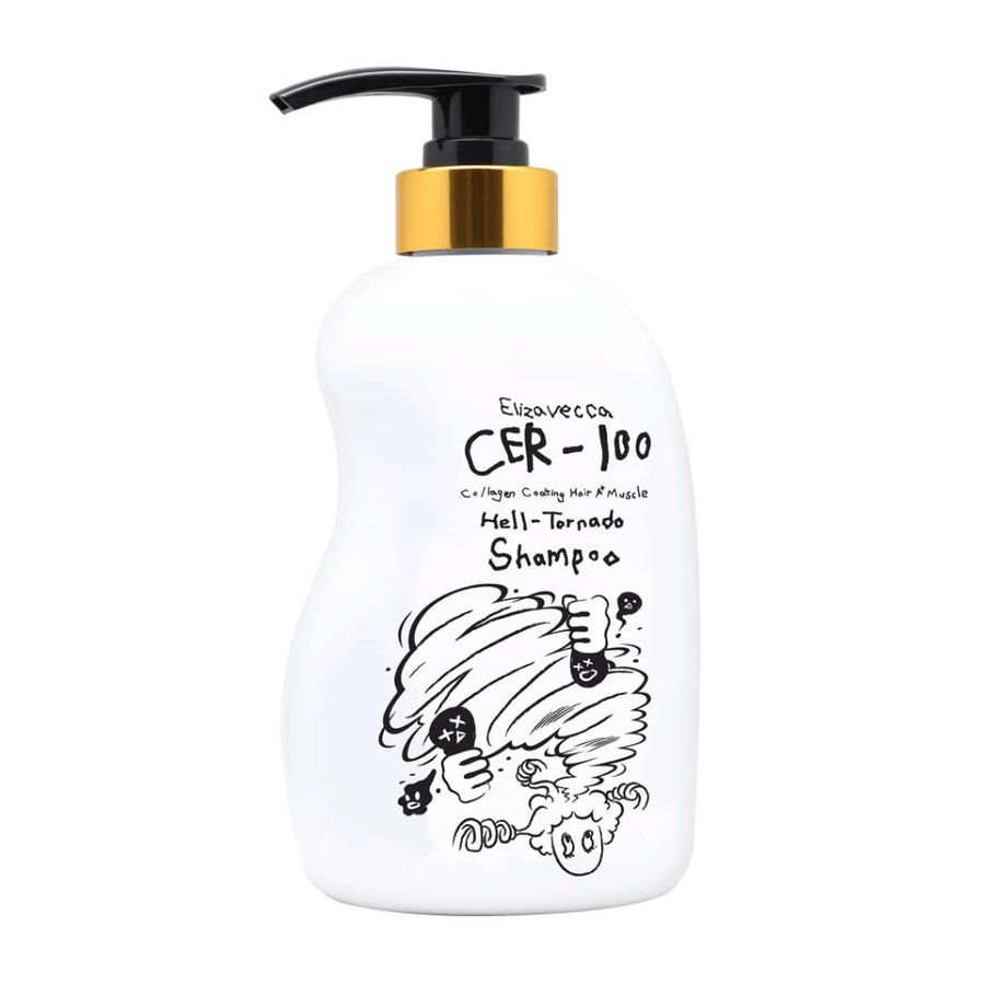 Image produit de Elizavecca CER-100 Collagen Coating Hair A+ Muscle Helltornado Shampoo sur fond blanc. L’emballage est clairement visible avec un flacon-pompe et l’illustration caractéristique qui distingue la gamme.