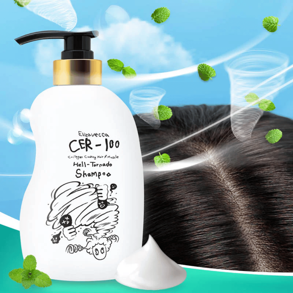 Elizavecca CER-100 Collagen Coating Hair A+ Muscle Helltornado Shampoo est présenté devant un gros plan du cuir chevelu. Des vents tourbillonnants et des feuilles de menthe illustrent une sensation rafraîchissante et vivifiante, ainsi qu’un accent mis sur le soin du cuir chevelu.