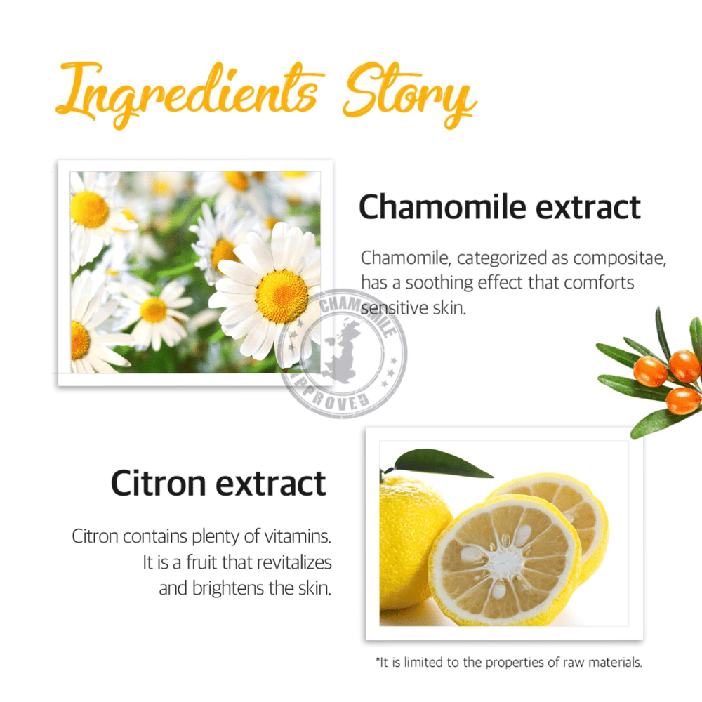 Image d’information sur les ingrédients extrait de camomille et extrait de citron. L’image décrit des propriétés apaisantes, rafraîchissantes et illuminatrices pour les peaux sensibles et fatiguées.