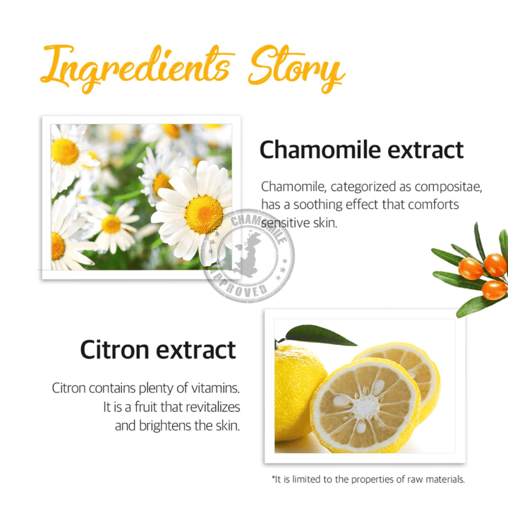 Image d’information sur les ingrédients extrait de camomille et extrait de citron. L’image décrit des propriétés apaisantes, rafraîchissantes et illuminatrices pour les peaux sensibles et fatiguées.