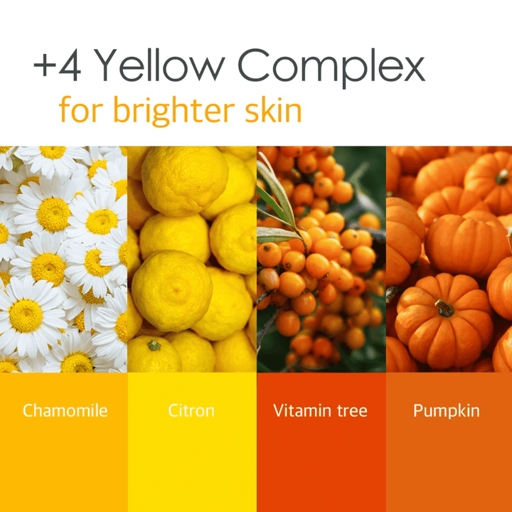 Image d’information sur le « 4 Yellow Complex » avec des ingrédients comme la camomille, le citron, le vitamin tree et la citrouille. L’accent est mis sur un teint plus clair et des propriétés éclatantes.