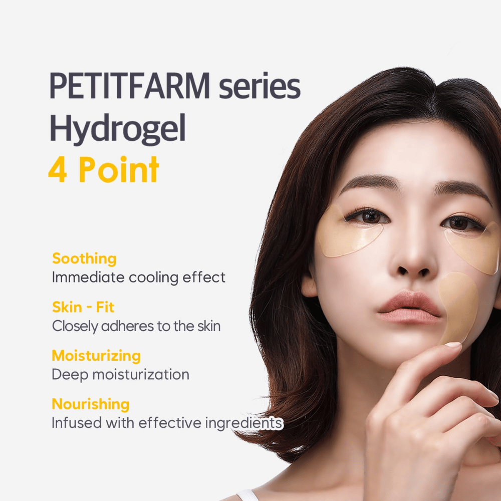Image promotionnelle avec un modèle utilisant des patchs hydrogel pour les yeux. L’image met en avant les quatre principaux avantages du produit : effet apaisant, ajustement proche de la peau, hydratation profonde et ingrédients nourrissants.