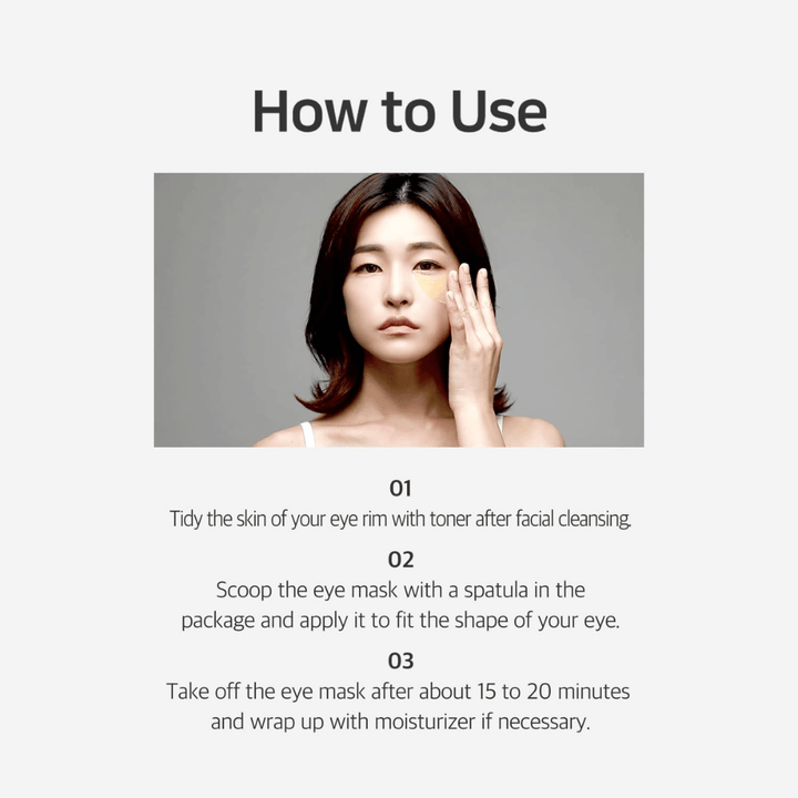 Image d’instructions montrant comment utiliser Chamomile Lightening Hydrogel Eye Mask après le nettoyage et toner visage. Le guide décrit l’application, le temps de pose et l’hydratation finale autour des yeux.