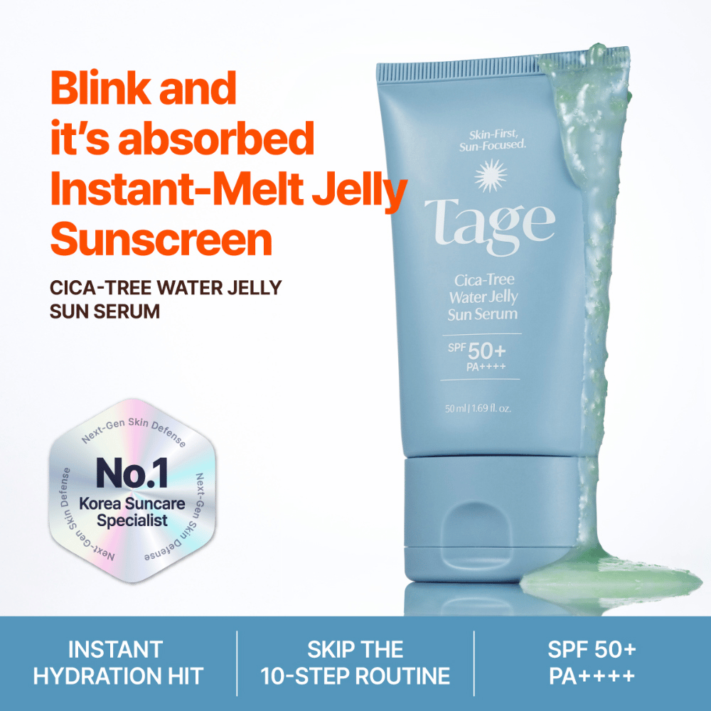 Tage Cica-Tree Water Jelly Sun Serum SPF 50+ avec une texture gel légère. Tube de crème solaire bleu avec un gel vert montrant la texture du produit.