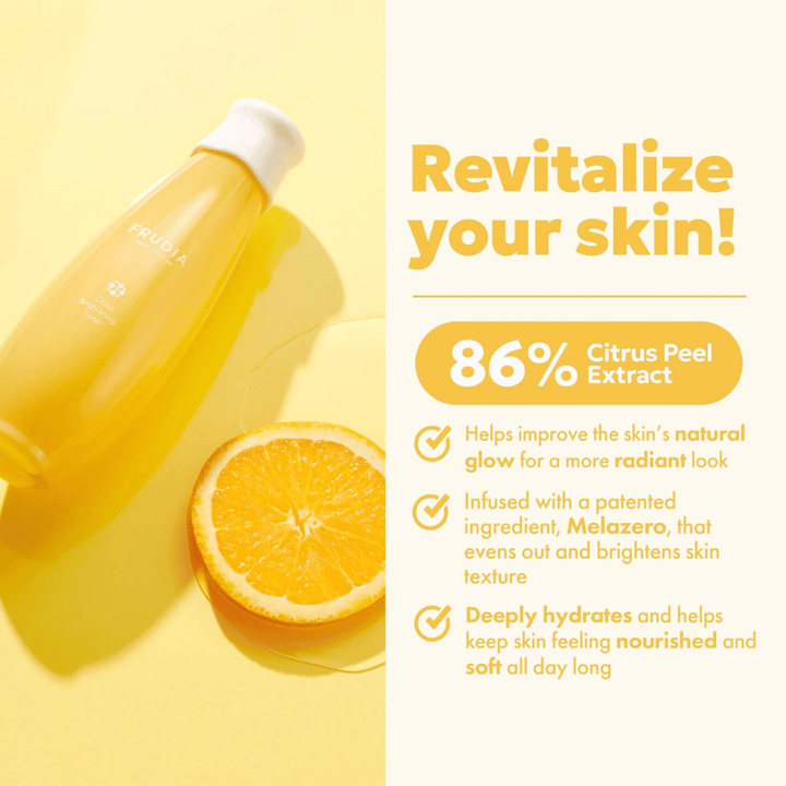FRUDIA Citrus Brightening Toner avec 86 % d'extrait de zeste d'agrumes – toner visage hydratant et illuminant qui améliore l'éclat naturel de la peau et procure une peau douce et radieuse.