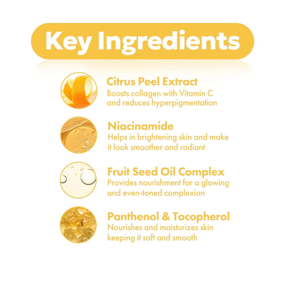 FRUDIA Citrus Brightening Toner – ingrédients clés tels que l'extrait de zeste d'agrumes, la niacinamide, le complexe d'huile de graines de fruits ainsi que le panthénol et le tocophérol pour une peau plus claire et uniforme.