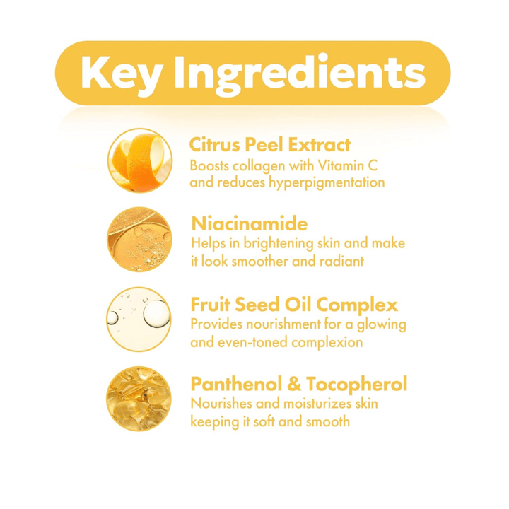 FRUDIA Citrus Brightening Toner – ingrédients clés tels que l'extrait de zeste d'agrumes, la niacinamide, le complexe d'huile de graines de fruits ainsi que le panthénol et le tocophérol pour une peau plus claire et uniforme.