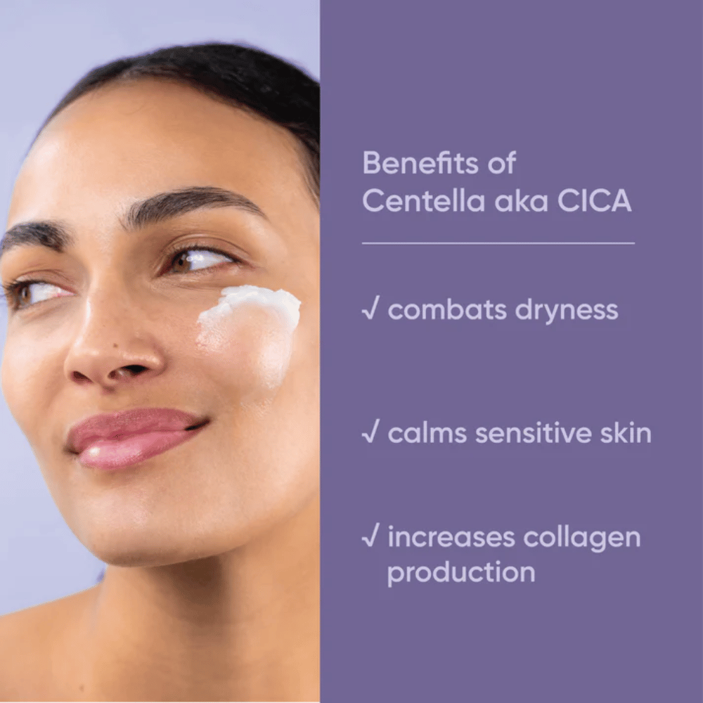 Personne appliquant une crème pour le visage, graphique montrant les avantages de Centella Asiatica (CICA) dans Clean It Zero Calming Cleansing Balm pour la peau sèche et sensible et l'augmentation de la production de collagène.