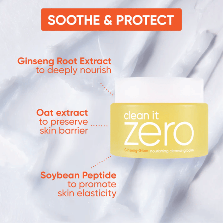 Clean It Zero Ginseng-Glow Cleansing Balm de BANILA CO avec ginseng, extrait d'avoine et peptides de soja, conçu pour apaiser, protéger et renforcer la barrière cutanée tout en dissolvant le maquillage et la saleté.