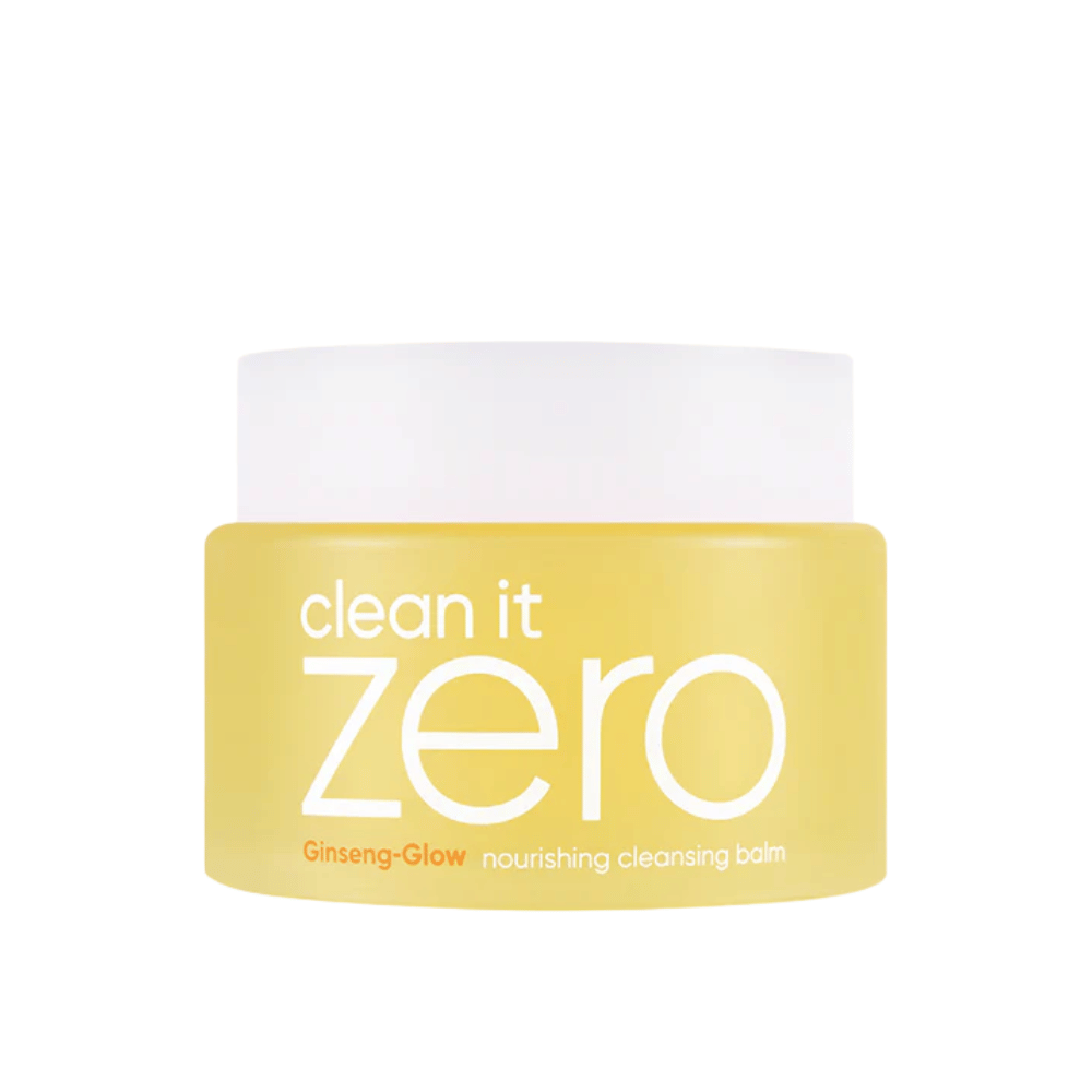 Clean It Zero Ginseng-Glow Nourishing Cleansing Balm dans un pot jaune sur fond blanc, un baume nettoyant hydratant de BANILA CO qui enlève efficacement le maquillage et les impuretés.