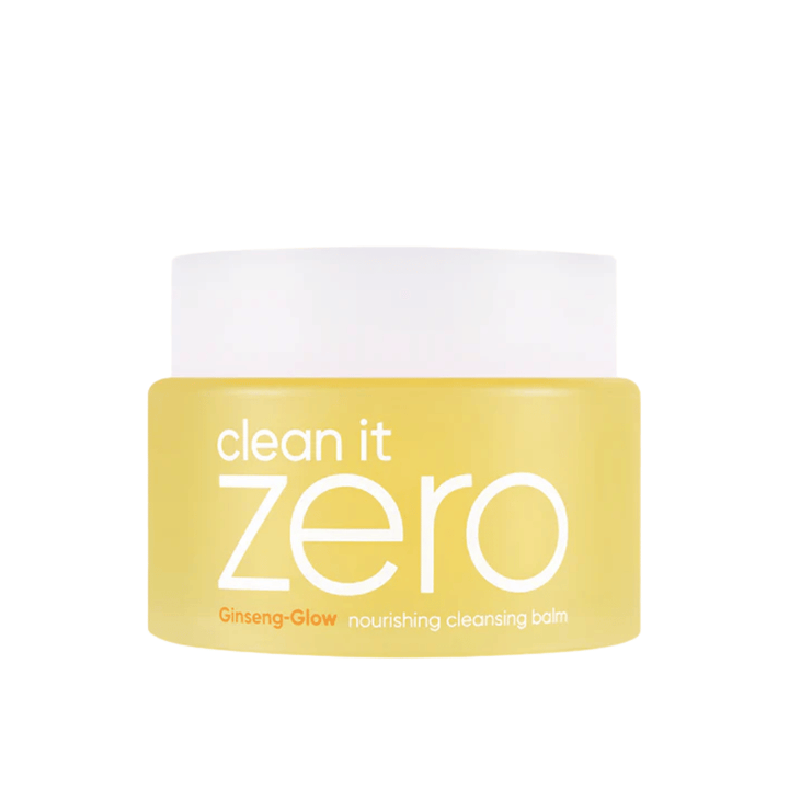 Clean It Zero Ginseng-Glow Nourishing Cleansing Balm dans un pot jaune sur fond blanc, un baume nettoyant hydratant de BANILA CO qui enlève efficacement le maquillage et les impuretés.