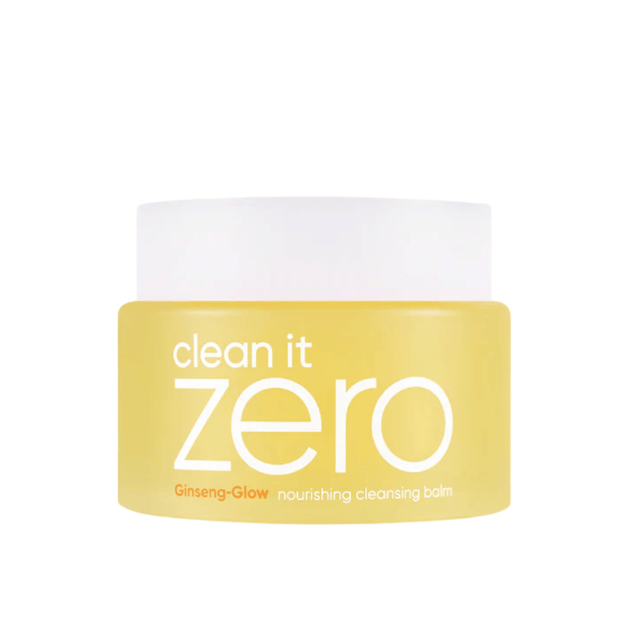 Clean It Zero Ginseng-Glow Nourishing Cleansing Balm dans un pot jaune sur fond blanc, un baume nettoyant hydratant de BANILA CO qui enlève efficacement le maquillage et les impuretés.